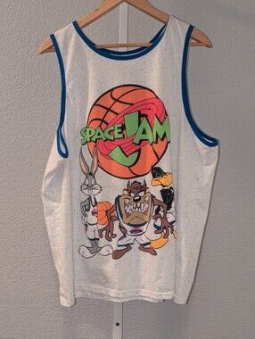 Warner Bros. Space Jam White Tank Top with Blue Trim and Multicolor Print XL